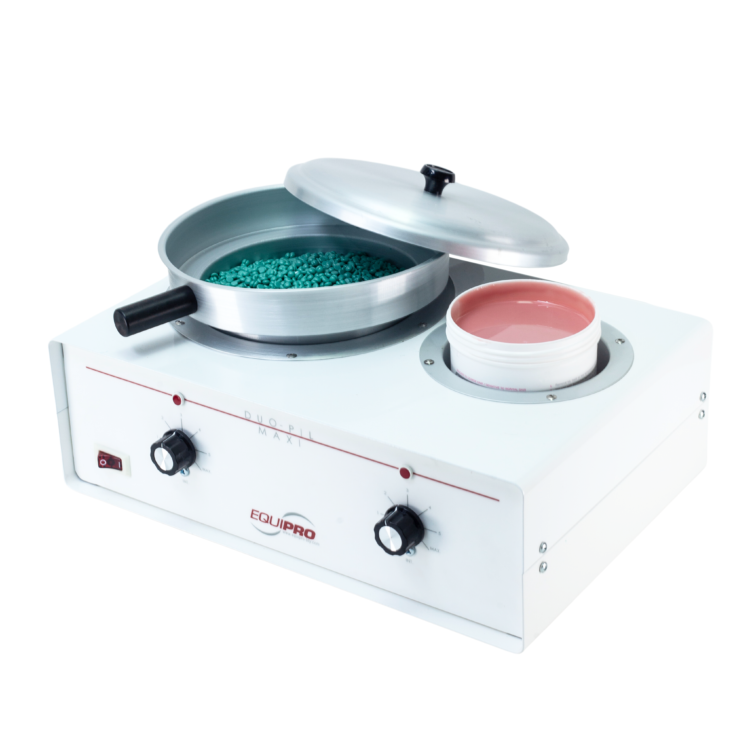 Equipro Duo-Pil Maxi Wax Heater featuring dual 4" and 6" tanks with individual thermostats, including large aluminum wax pot with lid and handles