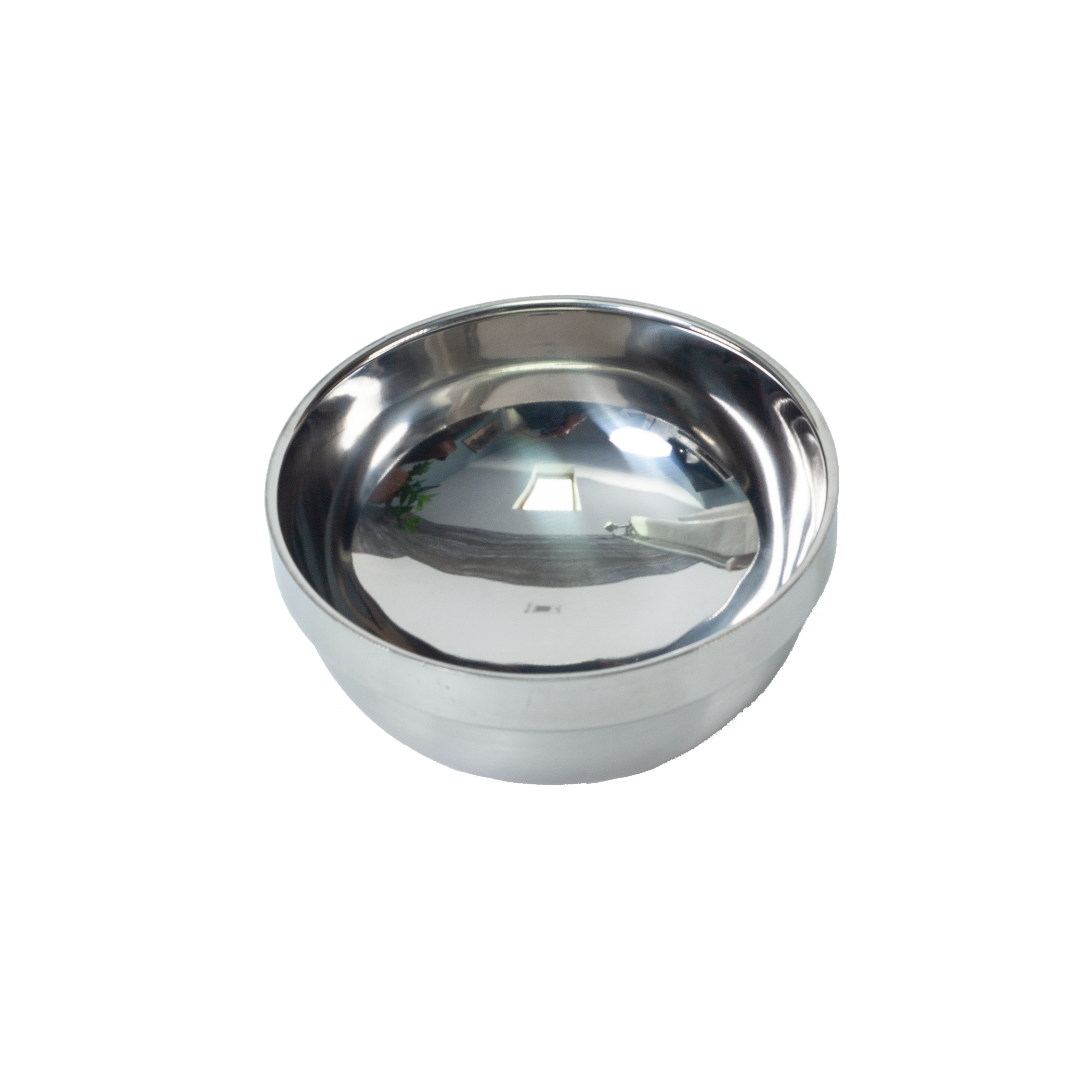 A shiny, silver stainless steel bowl with a mirror-finished interior and matte-satin finish on the exterior.