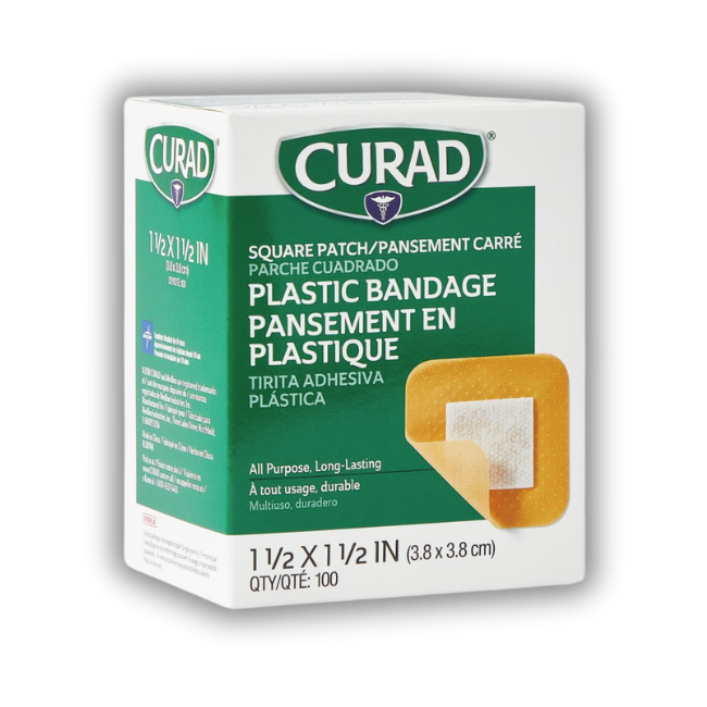 CURAD Plastic Adhesive Patches, 1.5 x 1.5 inches, 100 bandages in a box, ideal for wound protection and first aid kits.