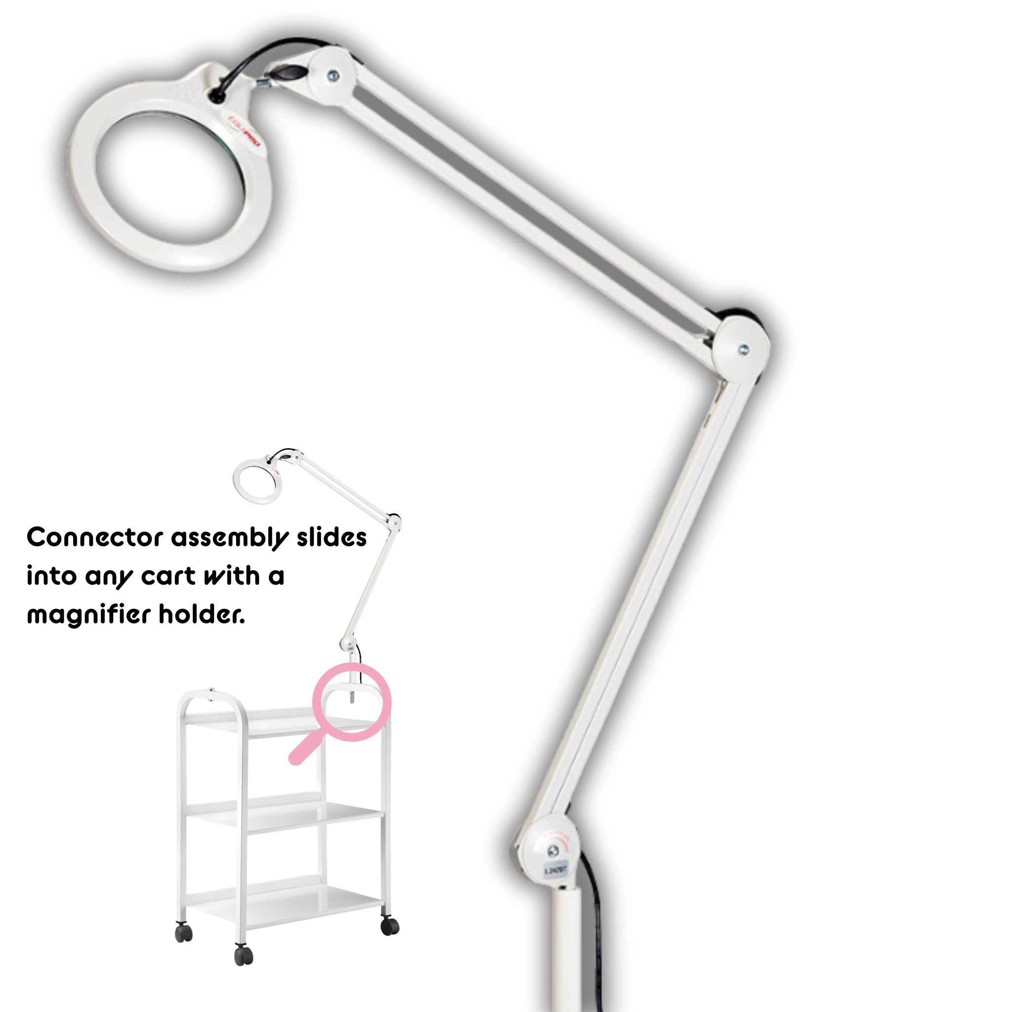 Equipro LFM Magnifier Lamp Model 63205 featuring 5 diopter lens, dual-intensity LED lighting, 43-inch adjustable metal arm, and ergonomic design for professional spa and skincare treatments.