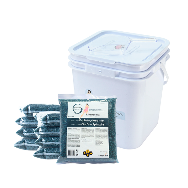 Bags of Ipanema hard wax with white storage container and scoop