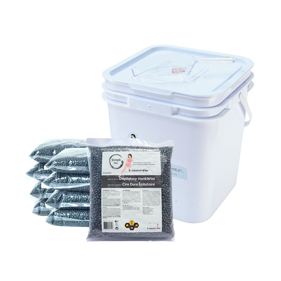 Bags of Simpli Zen hard wax with white storage container and scoop