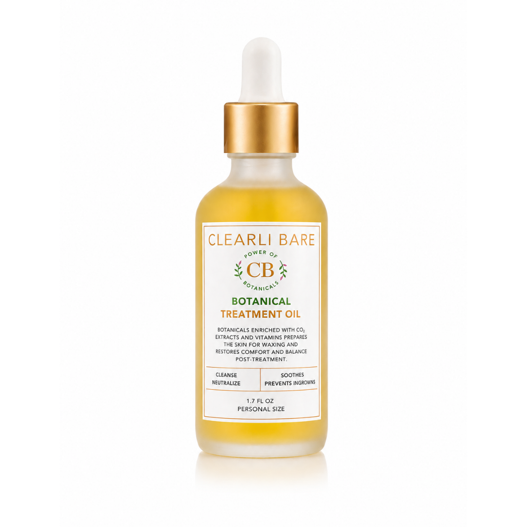 Clearli Bare Botanical Treatment Oil in frosted glass dropper bottle with gold cap, 1.7 fl oz personal size