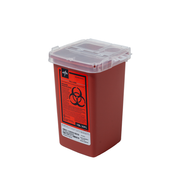 One-quart sharps disposal container with Snap-On lid for safe needle and razor disposal