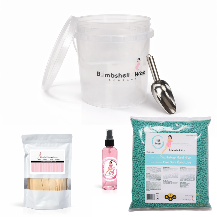 Professional Fiji Pearl hard wax kit with 4 lb storage container, applicator sticks, scoop, and Pinky Winky treatment oil