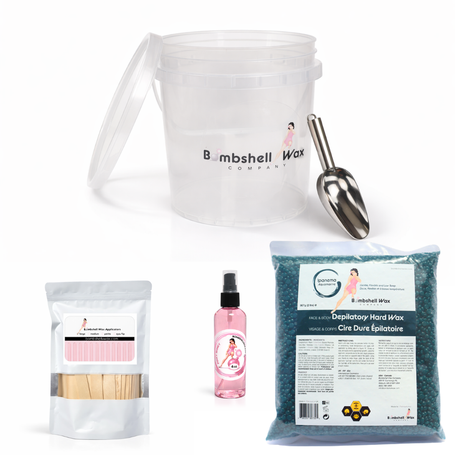 Waxing kit with Ipanema Aquamarine wax bag, wax container, scoop, wax sticks, and pink pre & post oil spray bottle