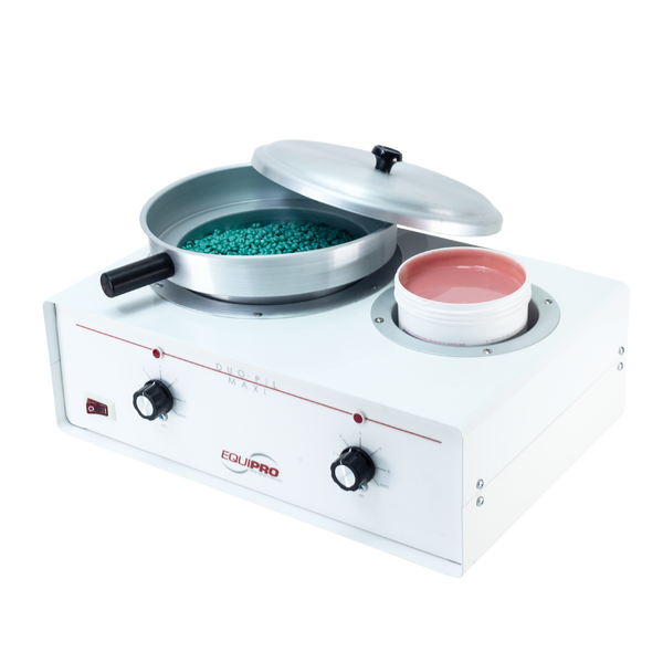 Equipro Duo-Pil Maxi Wax Heater featuring dual 4" and 6" tanks with individual thermostats, including large aluminum wax pot with lid and handles