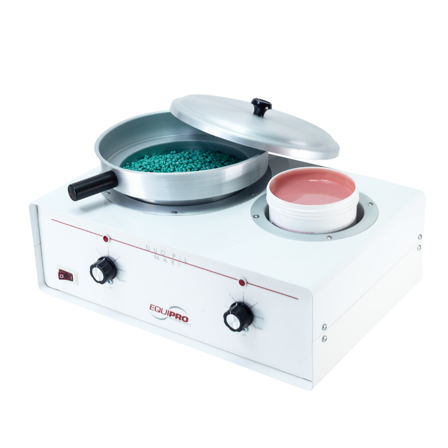 Equipro Duo-Pil Maxi Wax Heater featuring dual 4" and 6" tanks with individual thermostats, including large aluminum wax pot with lid and handles