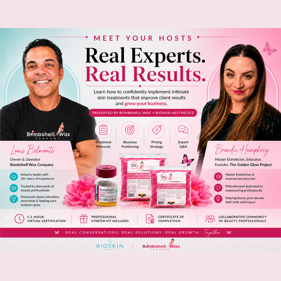 Louis Belmonte of Bombshell Wax and Brandie Humphrey of The Golden Glow Project presenting the Intimate Skin Treatment System Masterclass.