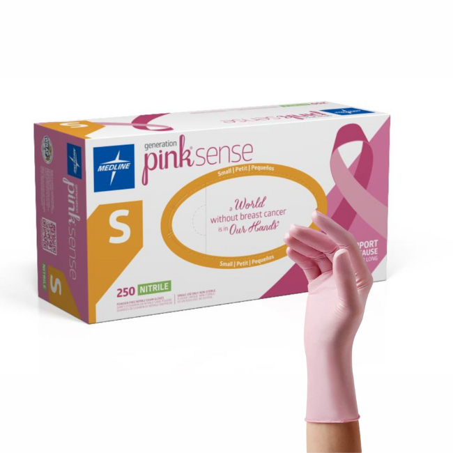 Box of Medline Pink Sense nitrile gloves with a pink glove displayed in front
