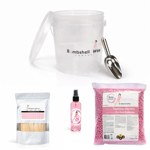Rose Garden waxing kit with hard wax bag, wax storage container, scoop, wax sticks, and Pinky Winky pre and post oil spray