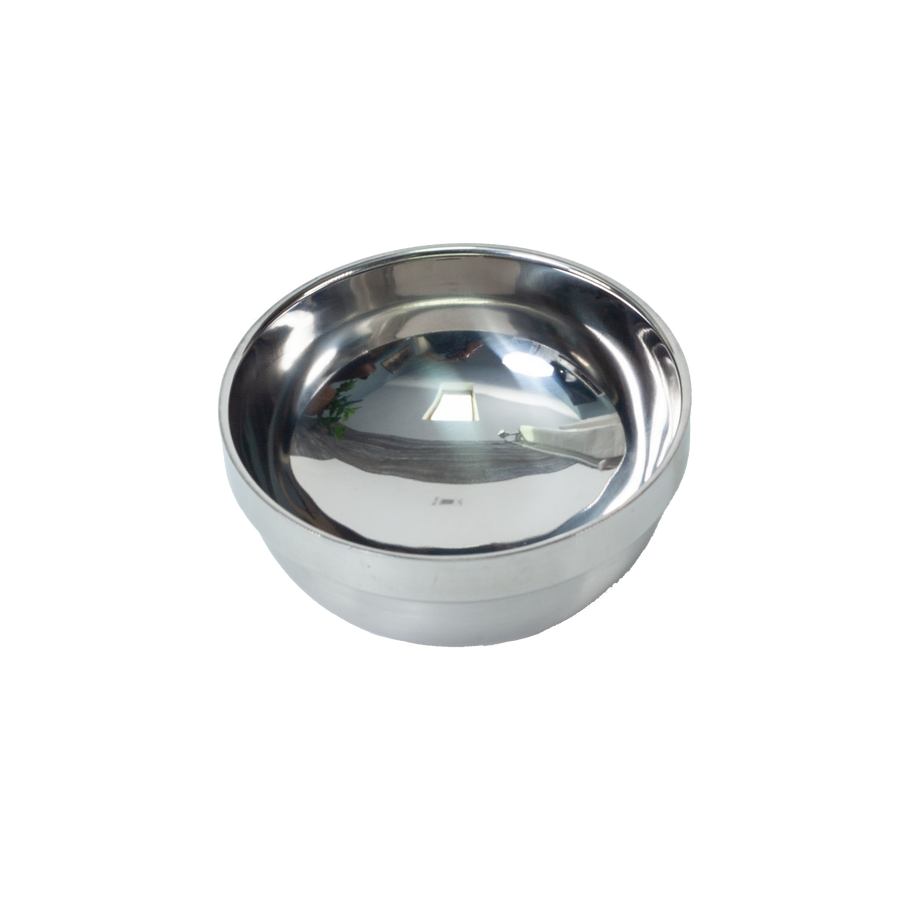 A shiny, silver stainless steel bowl with a mirror-finished interior and matte-satin finish on the exterior.