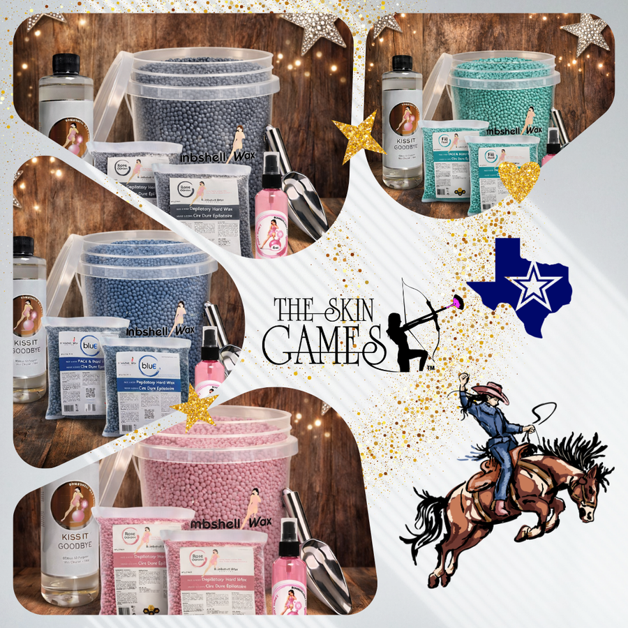 Skin Games Dallas waxing bundles featuring Bombshell hard wax kits with wax pails, scoops, applicators, and wax remover