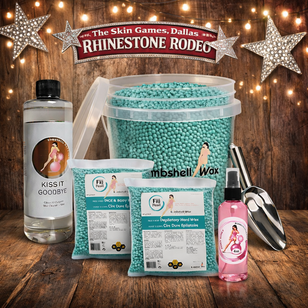 Fiji Pearl professional waxing kit with hard wax beads, wax pail, scoop, applicators, and Kiss It Goodbye remover