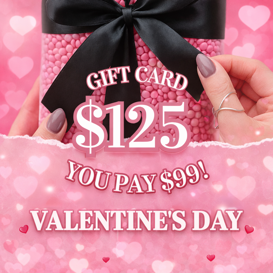 Valentine’s Day promotion featuring Bombshell Wax pink hard wax beads wrapped with a ribbon advertising a $125 gift card for $99