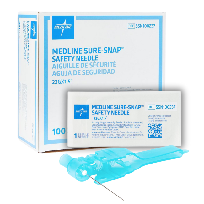 Box of Medline Sure-Snap safety needles, 22G x 1/2 inch, with a single needle displayed in front of the box.