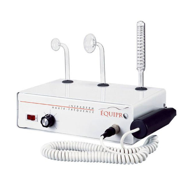 Equipro Infraderm High-Frequency Facial Machine Model 11300 featuring three electrodes (large violet mushroom, small pink mushroom, indirect massage), compact design with retractable coiled handle, and integrated electrode holders.