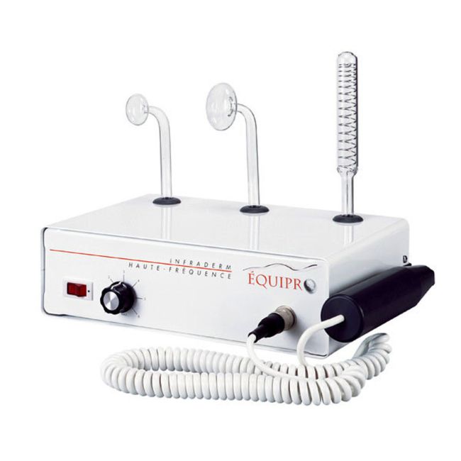 Equipro Infraderm High-Frequency Facial Machine Model 11300 featuring three electrodes (large violet mushroom, small pink mushroom, indirect massage), compact design with retractable coiled handle, and integrated electrode holders.