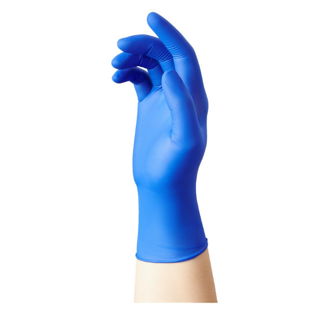 A single blue nitrile glove worn on a hand, demonstrating the fit and texture.
