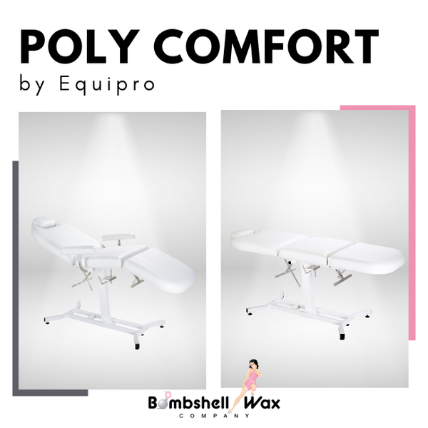 Advertisement for Poly Comfort by Equipro with a white chair and Bombshell Wax Company logo.