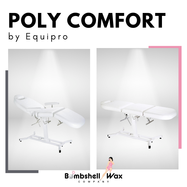 Advertisement for Poly Comfort by Equipro with a white chair and Bombshell Wax Company logo.