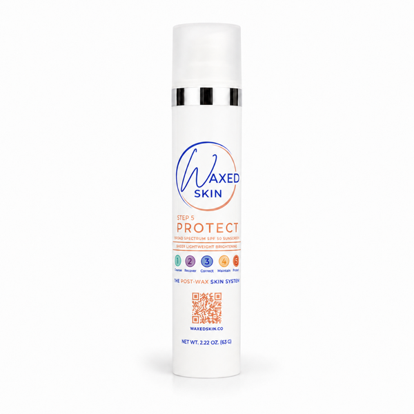 WAXEDSKIN Step 5 Protect Sheer Lightweight Brightening Broad Spectrum SPF 50 Sunscreen bottle on white background