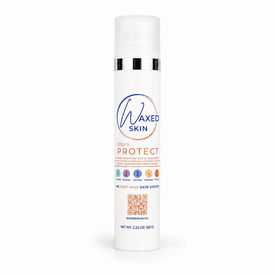 WAXEDSKIN Step 5 Protect Sheer Lightweight Brightening Broad Spectrum SPF 50 Sunscreen bottle on white background