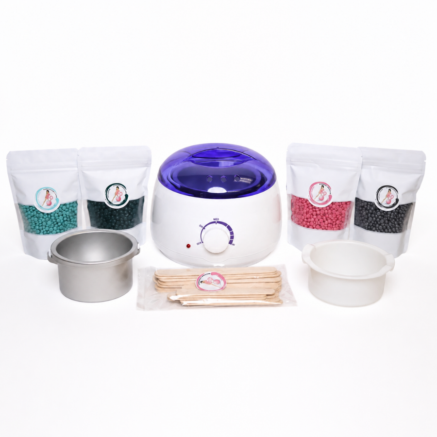 beginner hard wax kit with wax warmer, silicone insert, Bombshell hard wax beads, applicators, and storage tin