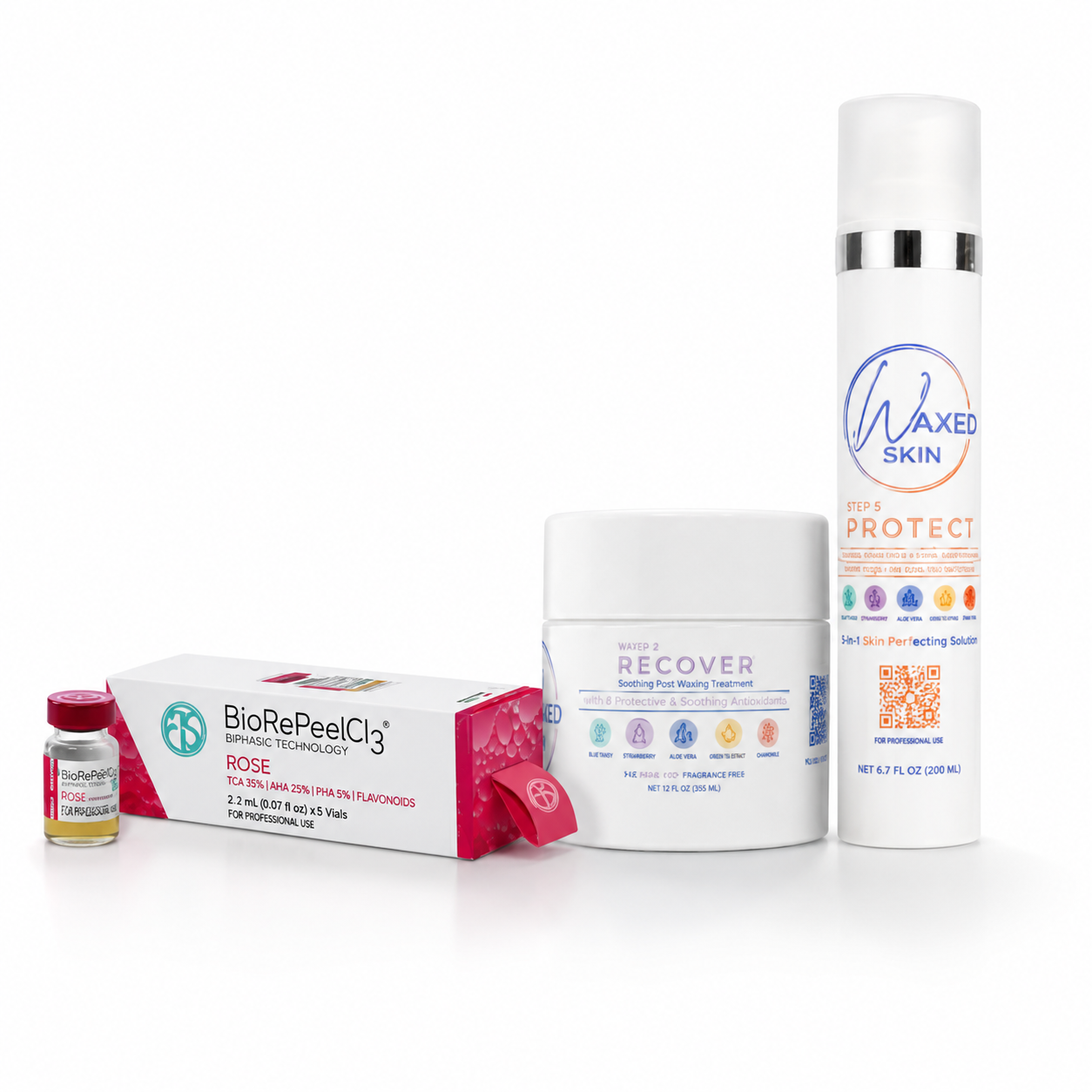 BioRePeelCl3 Rose with WAXED SKIN Step 2 Recover and Step 5 Protect intimate skin treatment bundle on a white background