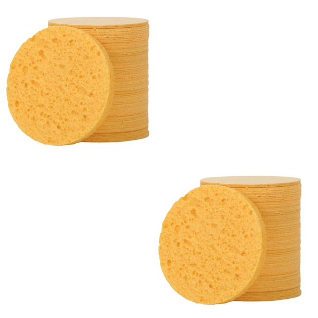 Flat compressed cellulose facial sponges expanding to full size when wet, 75-count x 2 packs for professional spa use.
