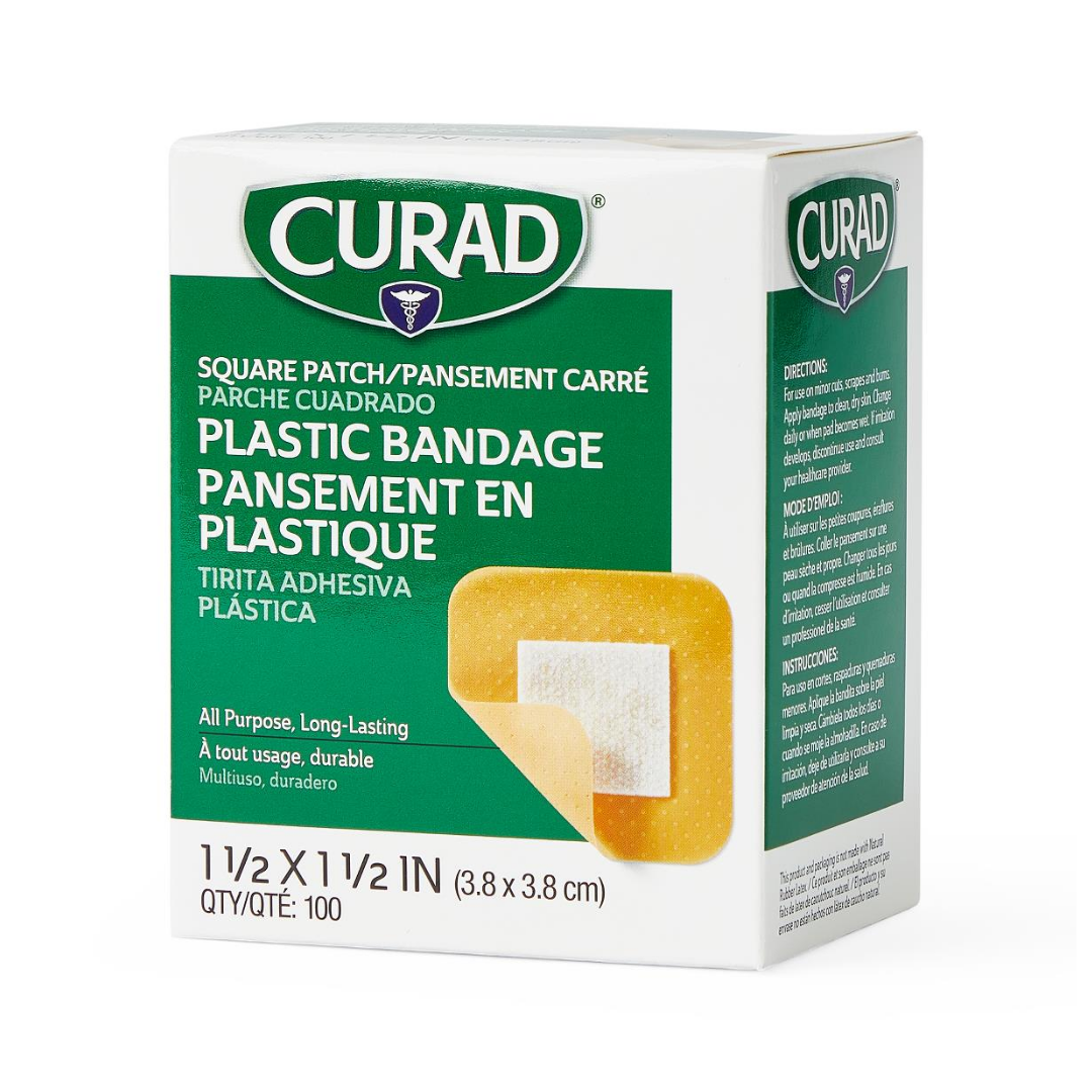 Plastic Adhesive Patches, 1.5" x 1.5", Flexible and Breathable, 100 Bandages per Box