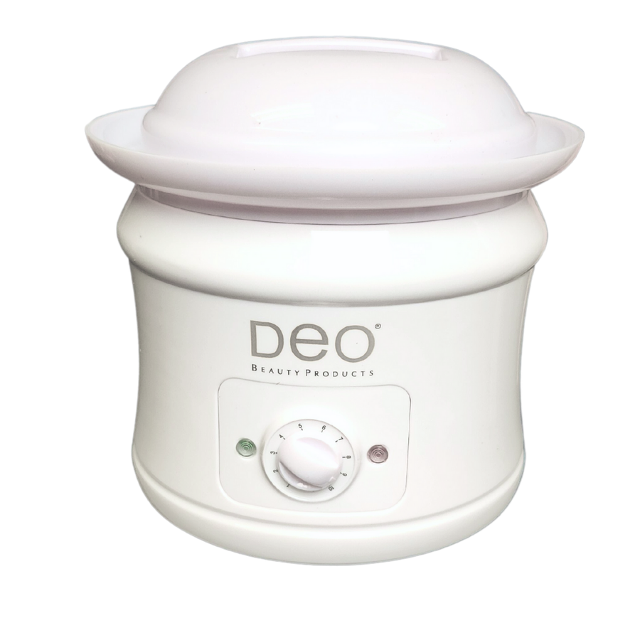 deo 14 oz wax warmer with temperature control dial, lid, and scraper cap