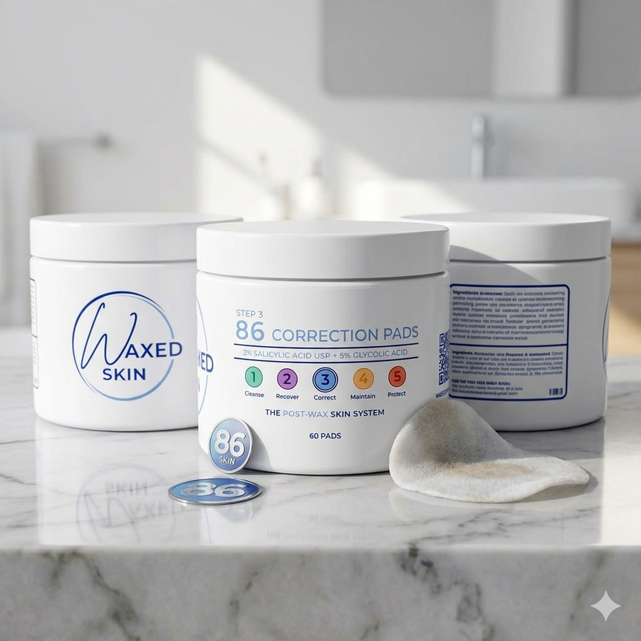 Three jars of 86 Correction Pads Step 3 Correct post-wax skincare pads for ingrown hairs, bumps, clogged pores, and smoother-looking skin between waxing appointments