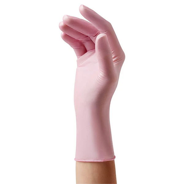 A single pink nitrile glove worn on a hand, demonstrating the fit and texture.