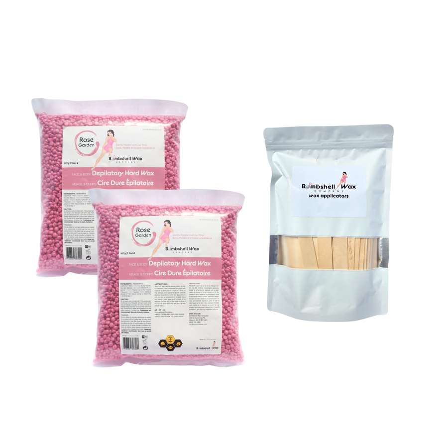 Two bags of Rose Garden depilatory hair removal hard wax and a pack of wooden applicators