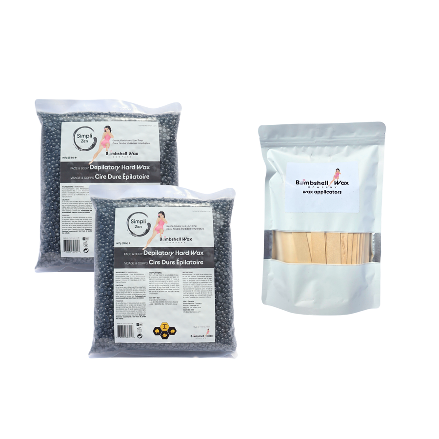 Two bags of Simpli Zen depilatory hair removal hard wax and a pack of wooden applicators