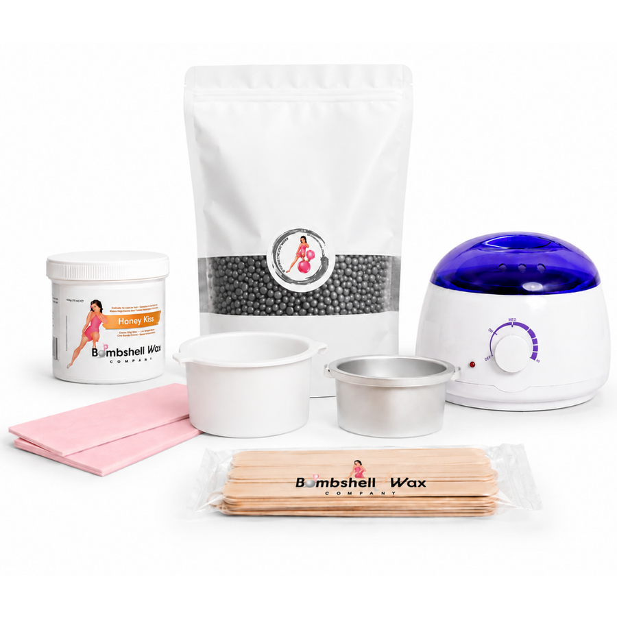 Kit with Simpli Zen depilatory hard wax, soft wax, wax warmer, wax sticks, wax strips, and an empty hard wax tin