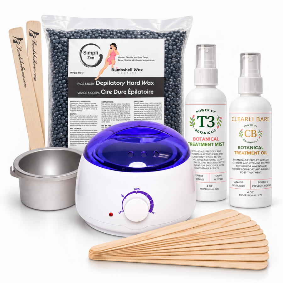 Professional waxing kit with wax warmer, Simpli Zen hard wax, T3 mist, Clearli Bare oil, and 6-inch wax applicators.